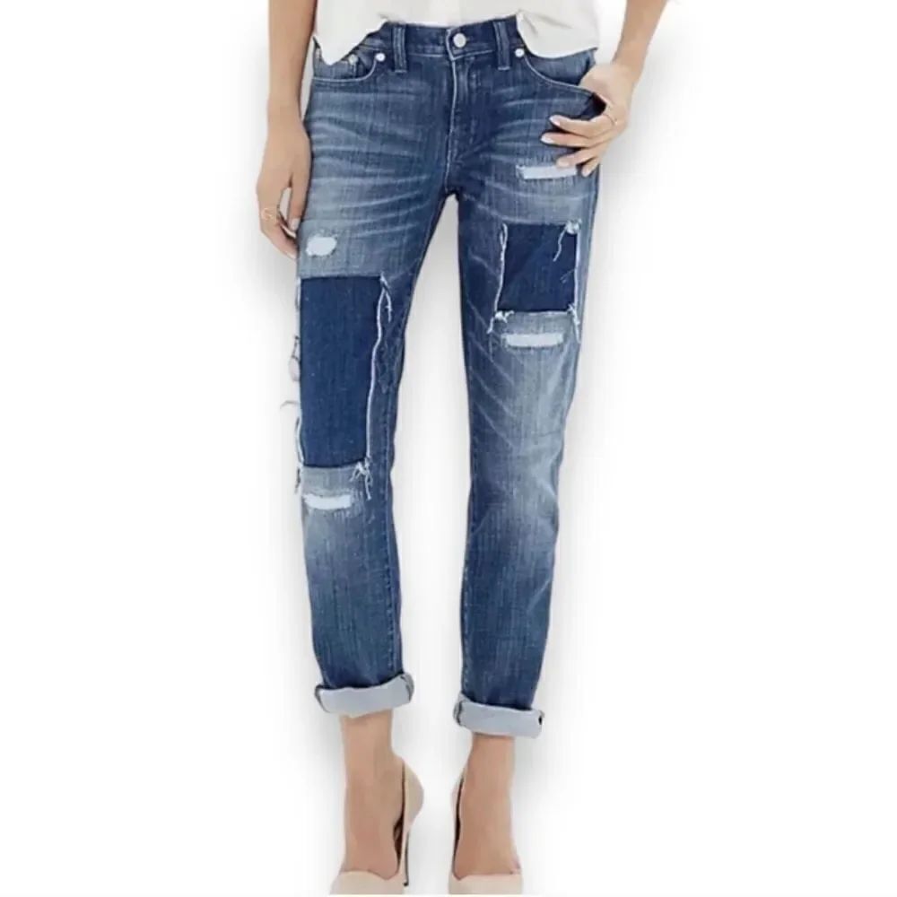 Madewell Slim Boyfriend Jean distressed patchwork raw hem blue denim size 24